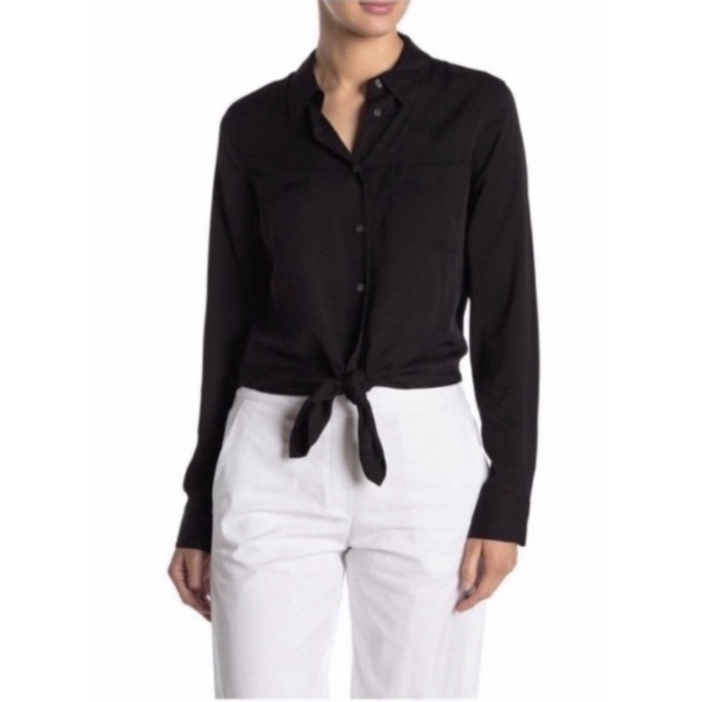 Theory Hekanina Black Silk Tie Front Shirt S Button Down Crop Luxury Minimalist